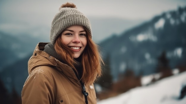 Mulher bonita sorrindo em casaco quente nas montanhas nevadas