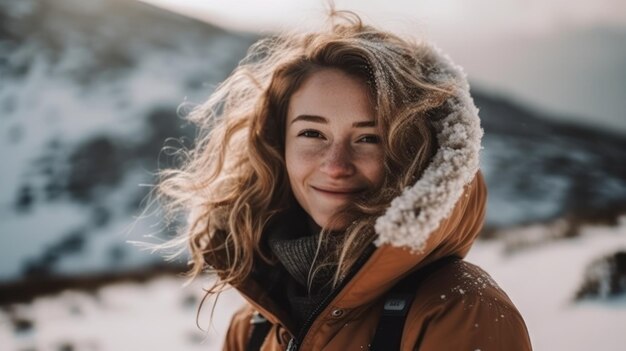 Mulher bonita sorrindo em casaco quente nas montanhas nevadas