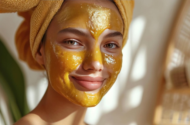 Foto mulher bonita usando máscara de mel pela manhã com pele facial branca