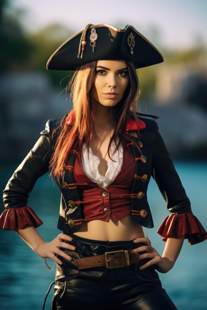 Mulher bonita vestida de pirata.