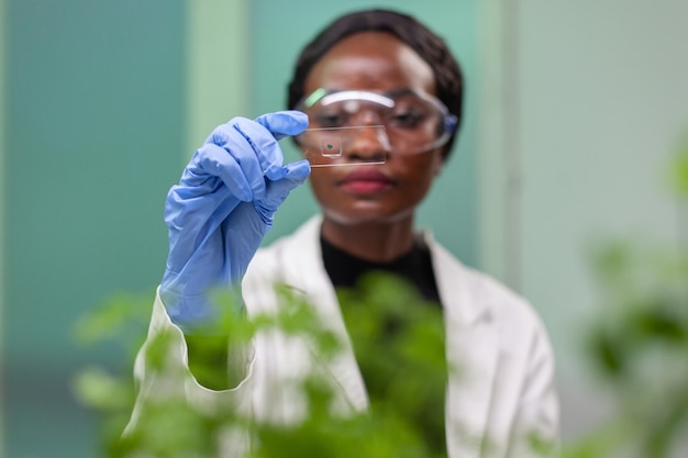 Mulher botânica africana olhando amostra de teste genético para experimento biológico