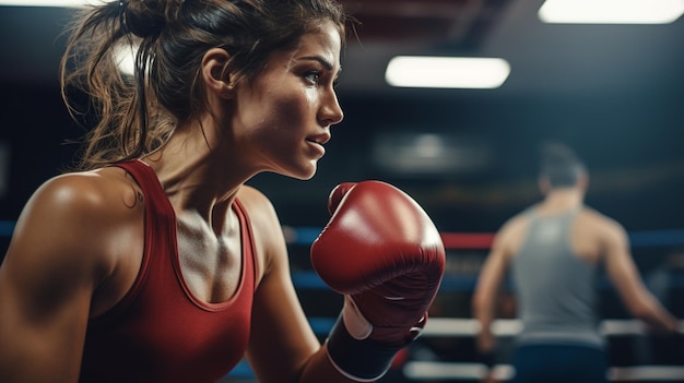 Foto mulher boxeadora em luvas de boxe no ginásio com bolsa