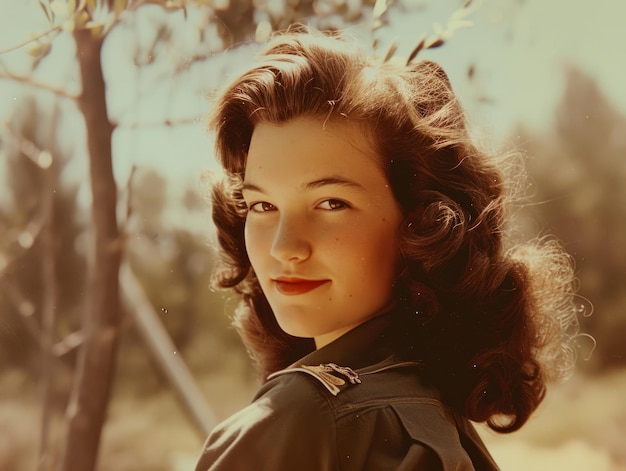 Mulher branca adolescente fotorrealista com cabelo castanho cacheado vintage ilustração