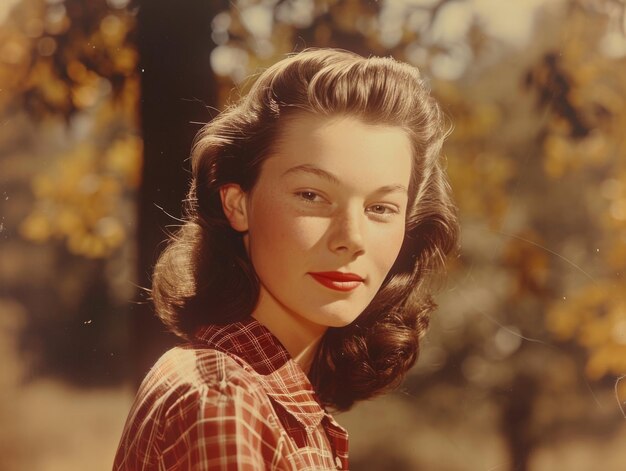 Mulher branca adolescente fotorrealista com cabelo castanho liso ilustração vintage