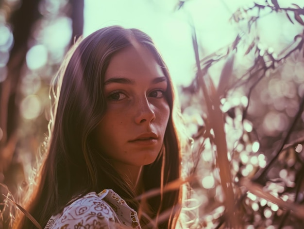 Mulher branca adolescente fotorrealista com cabelo liso castanho Ilustração vintage