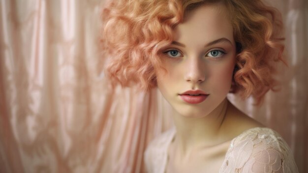 Mulher branca adolescente fotorrealista com cabelo liso rosa Ilustração retro