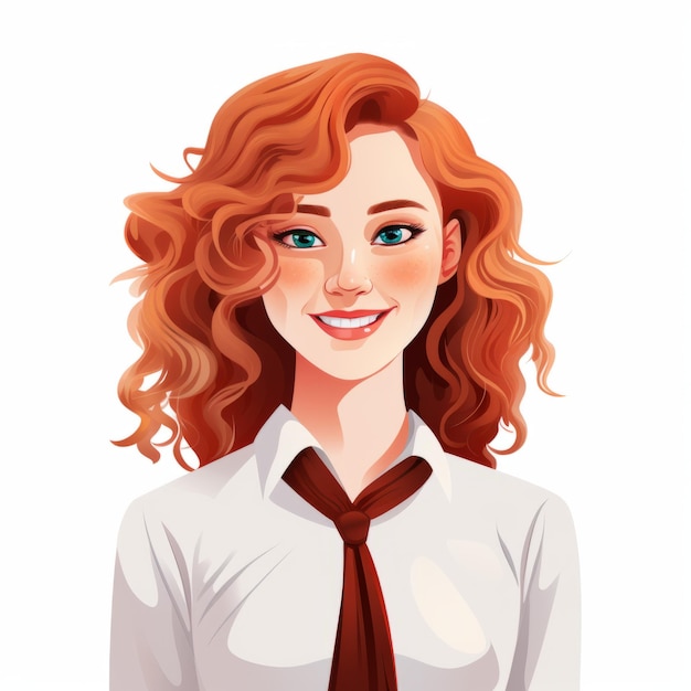 Mulher branca adolescente sorridente com cabelos encaracolados vermelhos ilustração plana