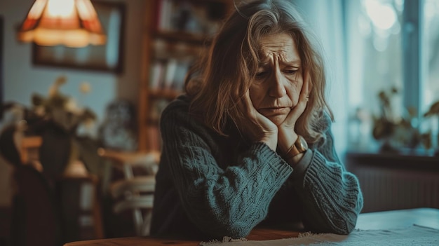 Mulher branca velha infeliz sentar-se à mesa em casa chorar sentindo-se deprimido triste sofrer de problemas de vida ou saúde chateado mulher madura solitária angustiada com a solidão tristeza anseia em casa.