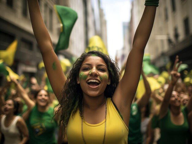 Foto mulher brasileira celebra a vitória de sua equipe de futebol