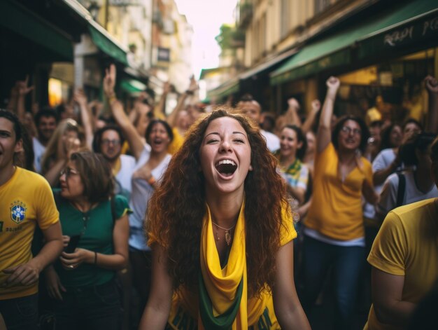 Mulher brasileira celebra a vitória de sua equipe de futebol