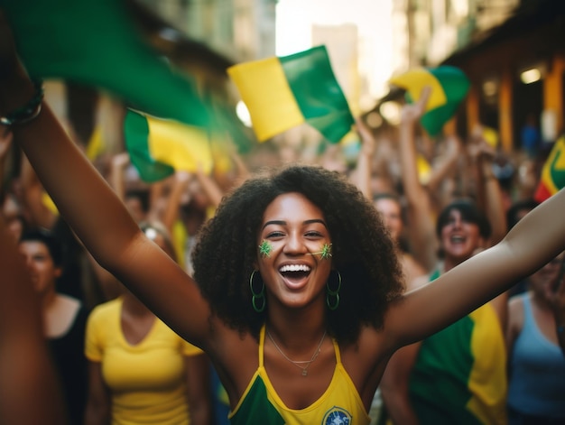 Mulher brasileira celebra a vitória de sua equipe de futebol