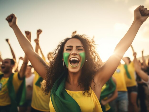 Mulher brasileira celebra a vitória de sua equipe de futebol