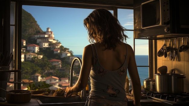 Mulher brasileira cozinhando comida