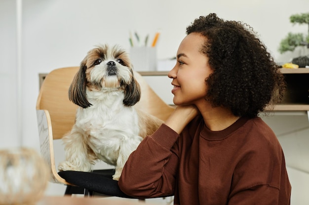 Foto mulher brincando com cachorro fofo sentado na cadeira