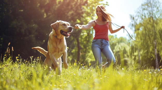 Mulher brincando com Labrador no parque num dia de verão