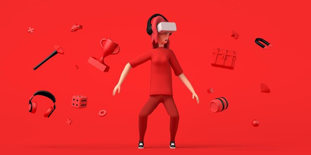 Mulher brincando com óculos de realidade virtual em fundo vermelho com elementos de jogos online