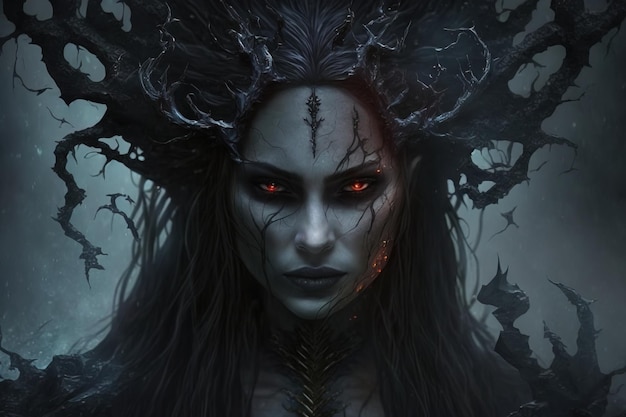 Mulher bruxa malvada rosto assustador com um cabelo grande que parece uma cobra