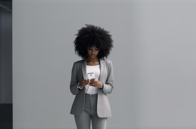 Mulher cabeleireira afro feminina sentada no chão olhando para o smartphone