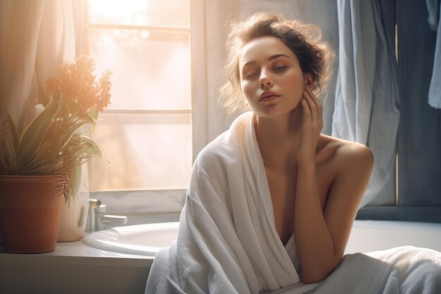 Mulher calma e relaxada posa em toalha contra o interior do banheiro enrolada em toalha de banho