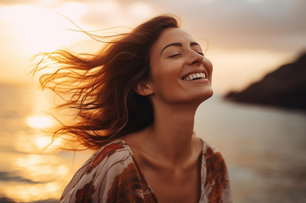 Foto mulher calma, feliz e livre com os braços abertos retrato ia generativa