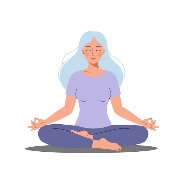 Mulher calma meditando em uma pose serena com ilustração vetorial de estilo de design plano