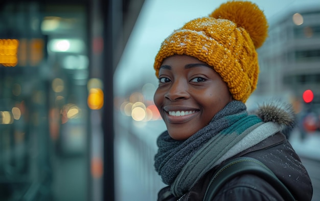 Mulher calorosamente vestida sorrindo no crepúsculo da cidade