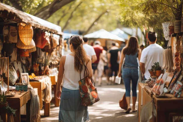 Foto mulher caminhando ao lado do mercado na rua da cidade