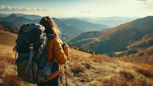 Mulher caminhando com mochila Fotografia da vida selvagem montanhas paisagem