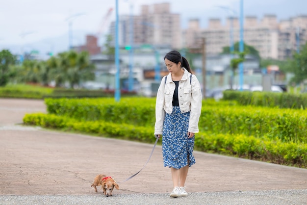 Foto mulher caminhando com seu cachorro no parque