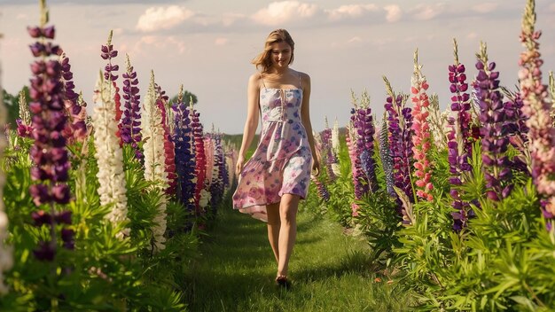 Foto mulher caminhando em um campo com lupinos