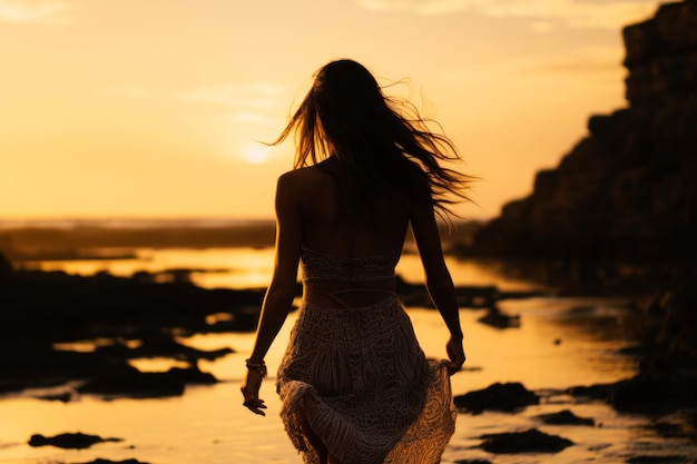 Mulher caminhando na praia ao pôr-do-sol