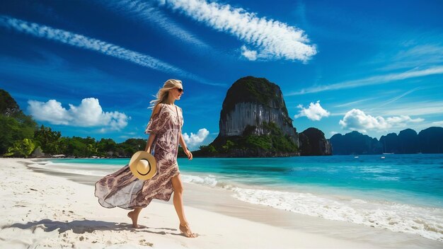 Mulher caminhando na praia de Krabi, na Tailândia