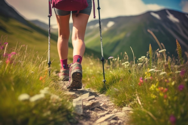 Mulher caminhando nas montanhas Generative AI