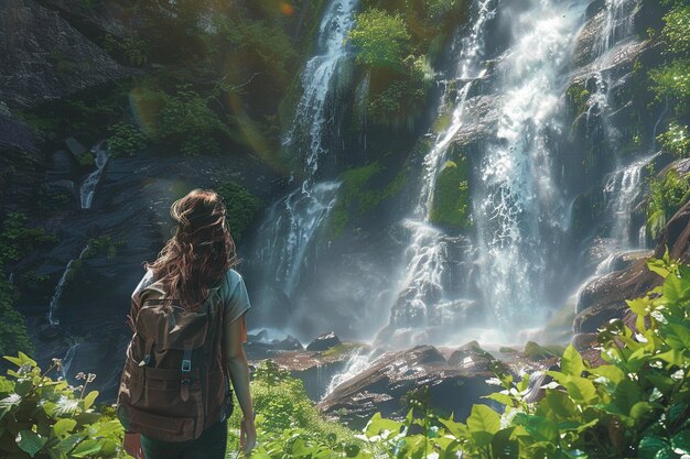 Mulher caminhando para uma cachoeira serena com admiração