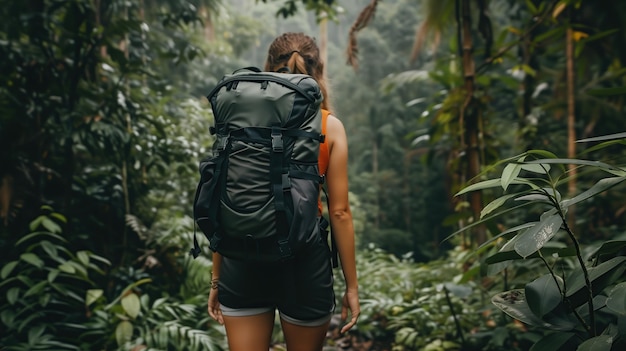 Foto mulher caminhando pela densa selva