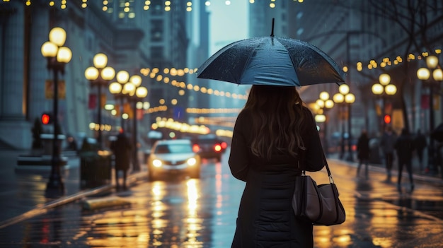 Mulher caminhando pela rua segurando um guarda-chuva