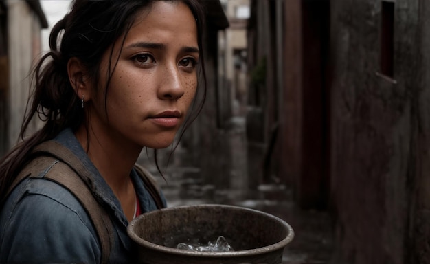 Foto mulher caminhando pelas ruas humildes de sua cidade