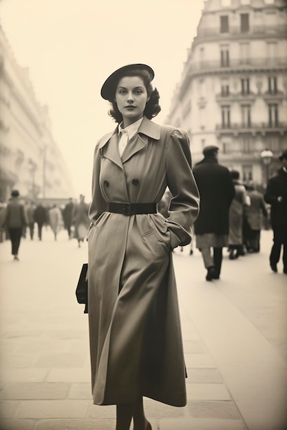 mulher caminhando por Paris em 1950 vintage monocromático
