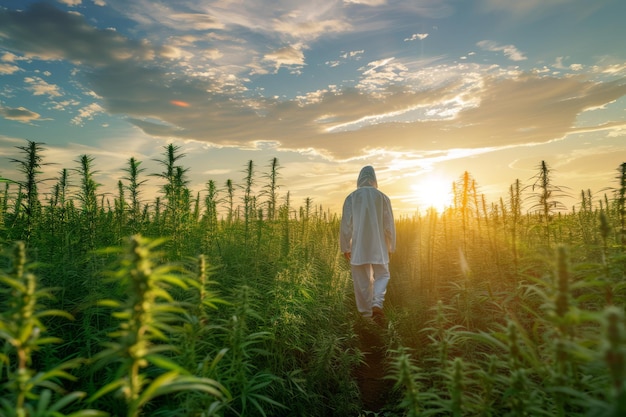 Foto mulher caminhando por um campo exuberante de cânhamo ao pôr-do-sol abraçando a serenidade da natureza