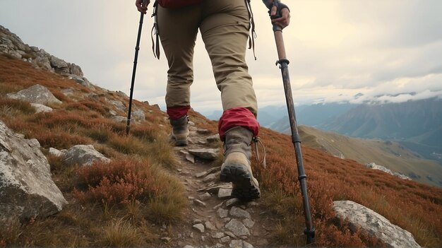 Mulher caminhante com bastões de trekking sobe íngreme na trilha da montanha se concentra na bota
