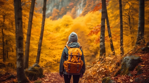 Mulher caminhante de trilha de caminhada na floresta caminhando no outono outono Generative AI