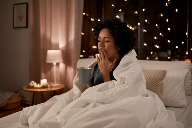 Foto mulher cansada com café bocejando na cama à noite