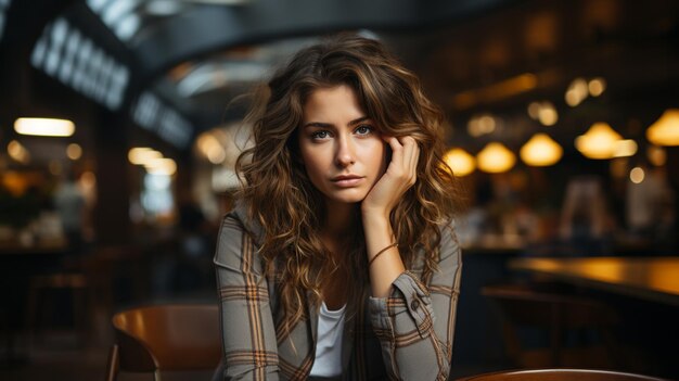 Foto mulher cansada sentada num café e olhando para o lado.
