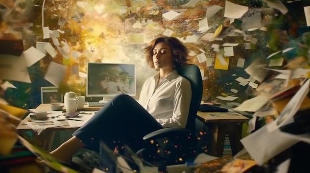 Mulher cansada trabalhando no escritório cabeça cheia de papel explosão vida acelerada