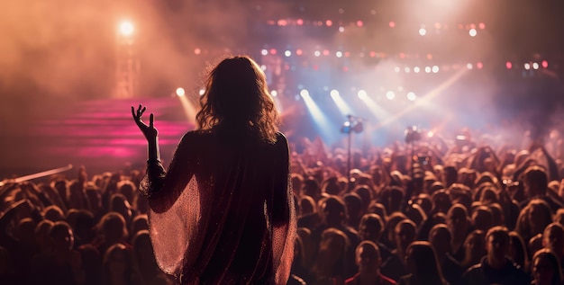 Mulher cantora pop em um concerto de música lotado em um palco