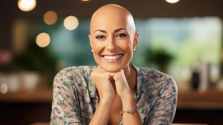 Foto mulher careca alegre paciente com câncer sorrindo com confiança para a câmera
