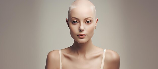 Mulher careca confiante, posando da cintura para cima, alopecia mínima de fundo e conscientização sobre o câncer