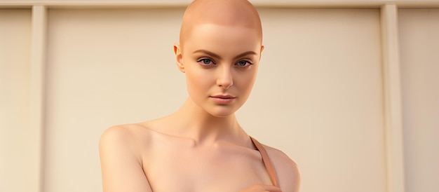 Mulher careca confiante, posando da cintura para cima, alopecia mínima de fundo e conscientização sobre o câncer