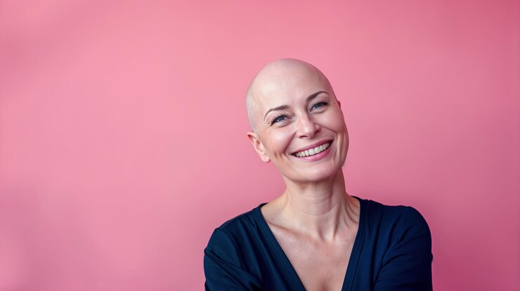 Foto mulher careca de 40 anos em um fundo rosa para outubro rosa símbolo da luta contra o peito pode