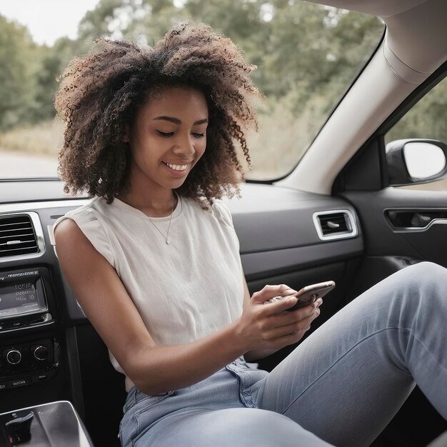 Mulher carregando seu telefone no carro